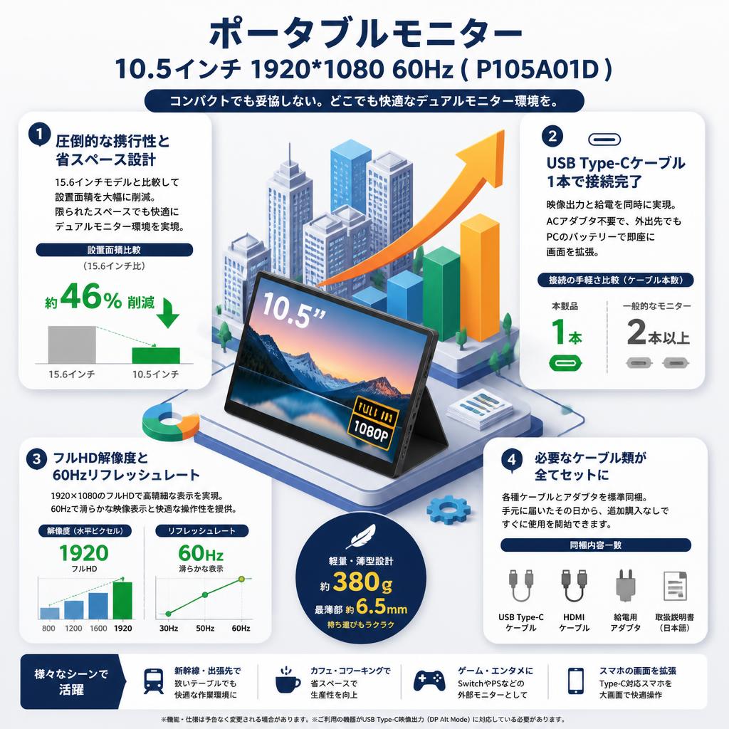 ポータブルモニター 10.5インチ 1920*1080 60Hz ( P105A01D ) セールスポイント