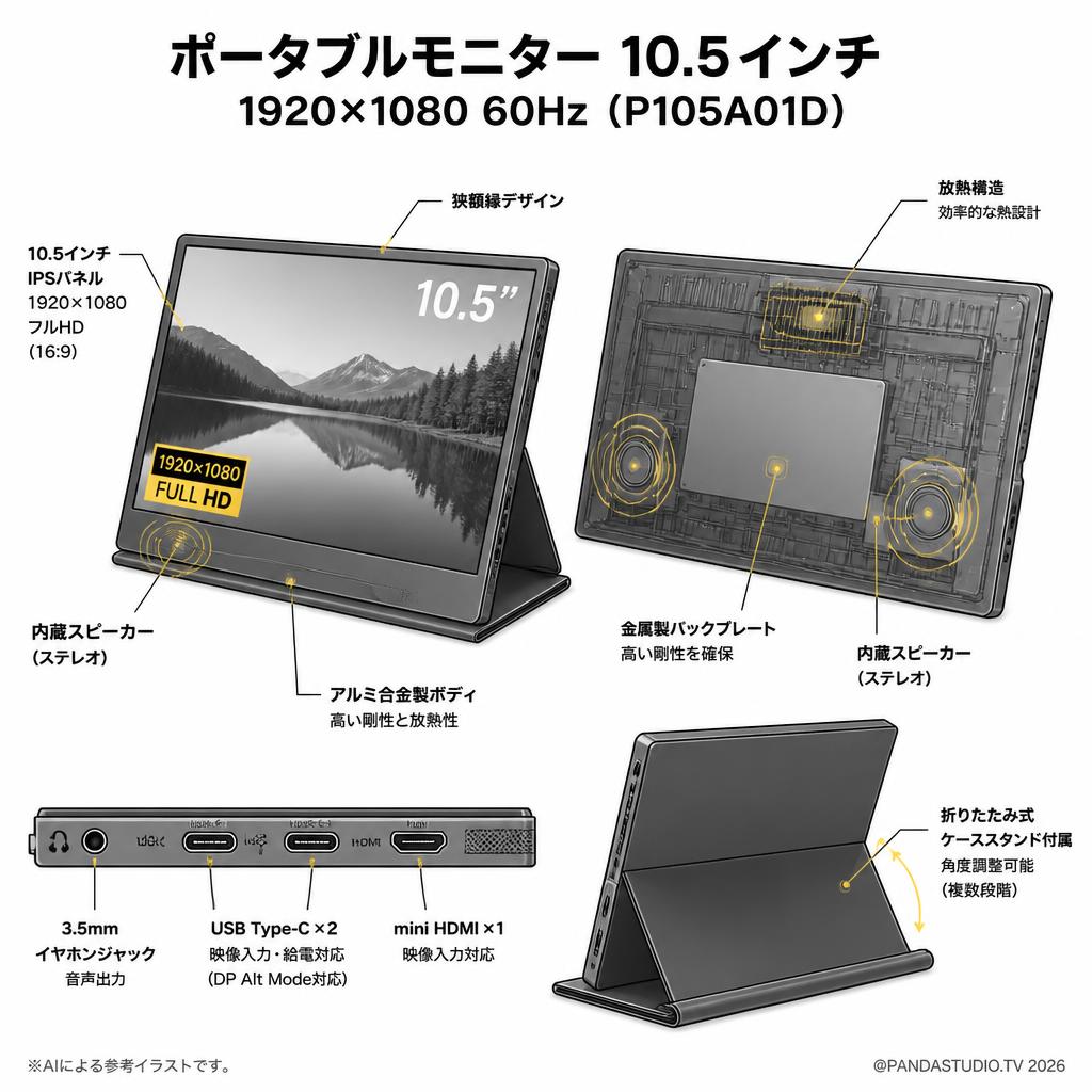 ポータブルモニター 10.5インチ 1920*1080 60Hz ( P105A01D ) スペック