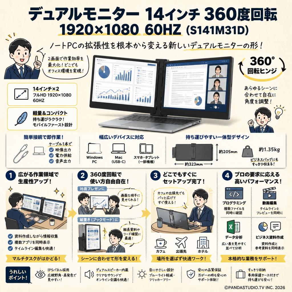 デュアルモニター 14インチ 360度回転 1920*1080 60HZ (S141M31D) 概要