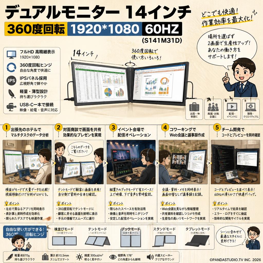 デュアルモニター 14インチ 360度回転 1920*1080 60HZ (S141M31D) 用途