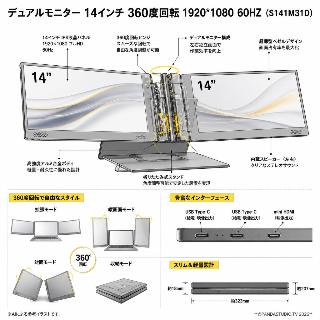 デュアルモニター 14インチ 360度回転 1920*1080 60HZ (S141M31D) スペック