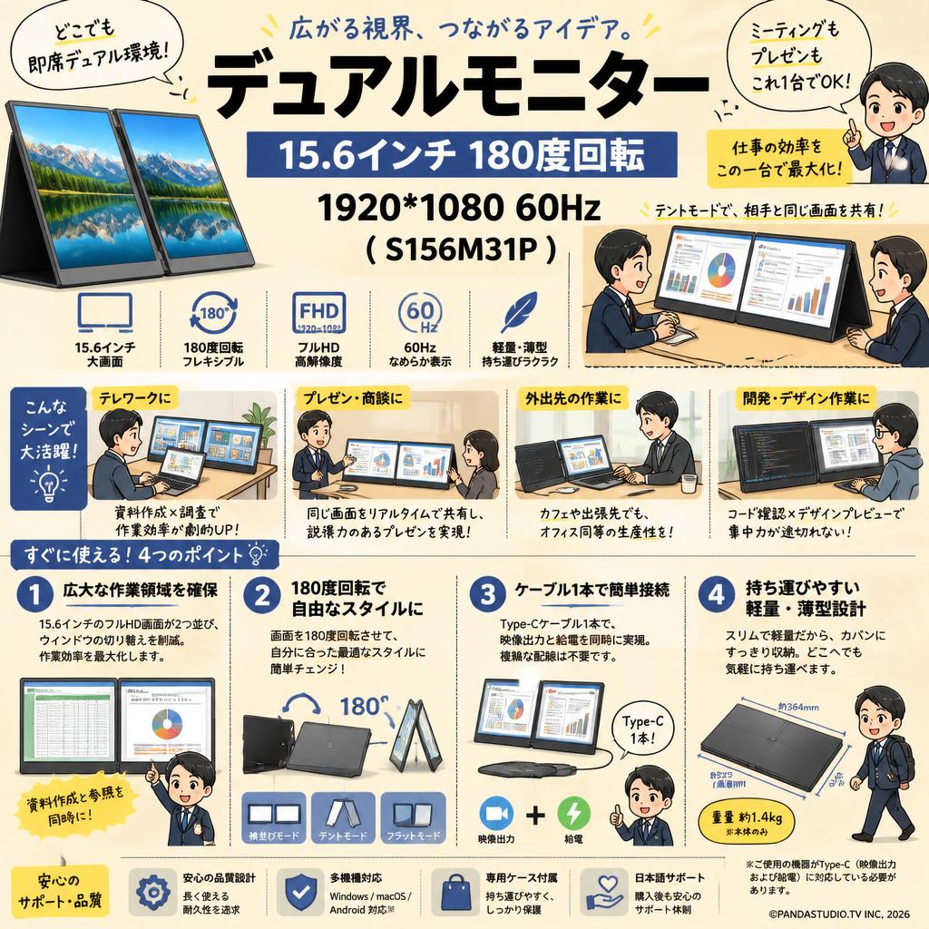 デュアルモニター 15.6インチ 180度回転 1920*1080 60HZ ( S156M31P ) 概要