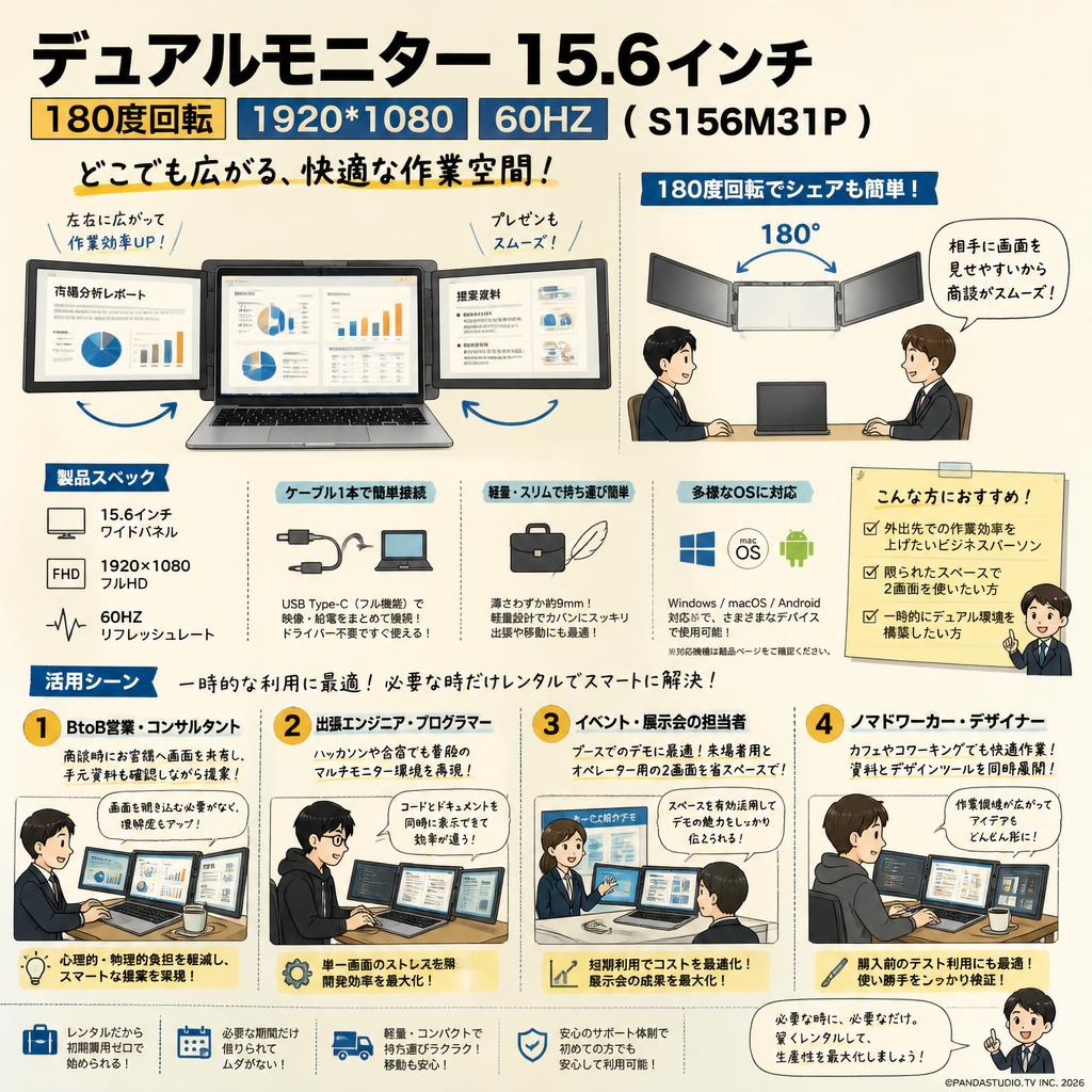 デュアルモニター 15.6インチ 180度回転 1920*1080 60HZ ( S156M31P ) おもな対象のお客様