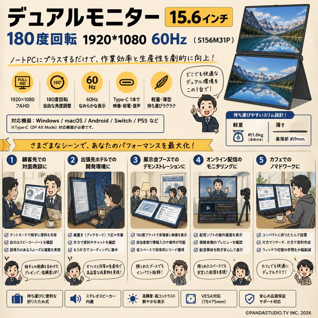 デュアルモニター 15.6インチ 180度回転 1920*1080 60HZ ( S156M31P ) 用途