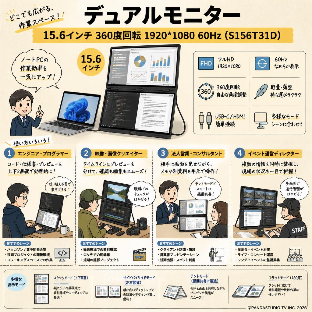 デュアルモニター 15.6インチ 360度回転 1920*1080 60Hz ( S156T31D ) おもな対象のお客様