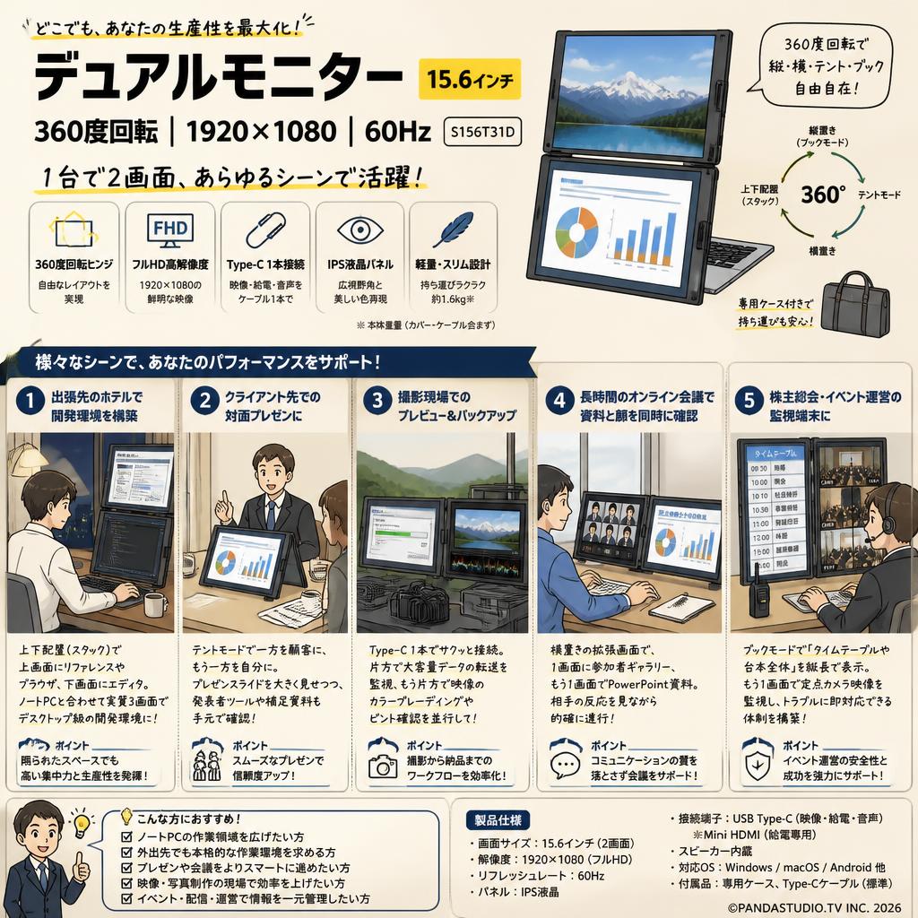 デュアルモニター 15.6インチ 360度回転 1920*1080 60Hz ( S156T31D ) 用途
