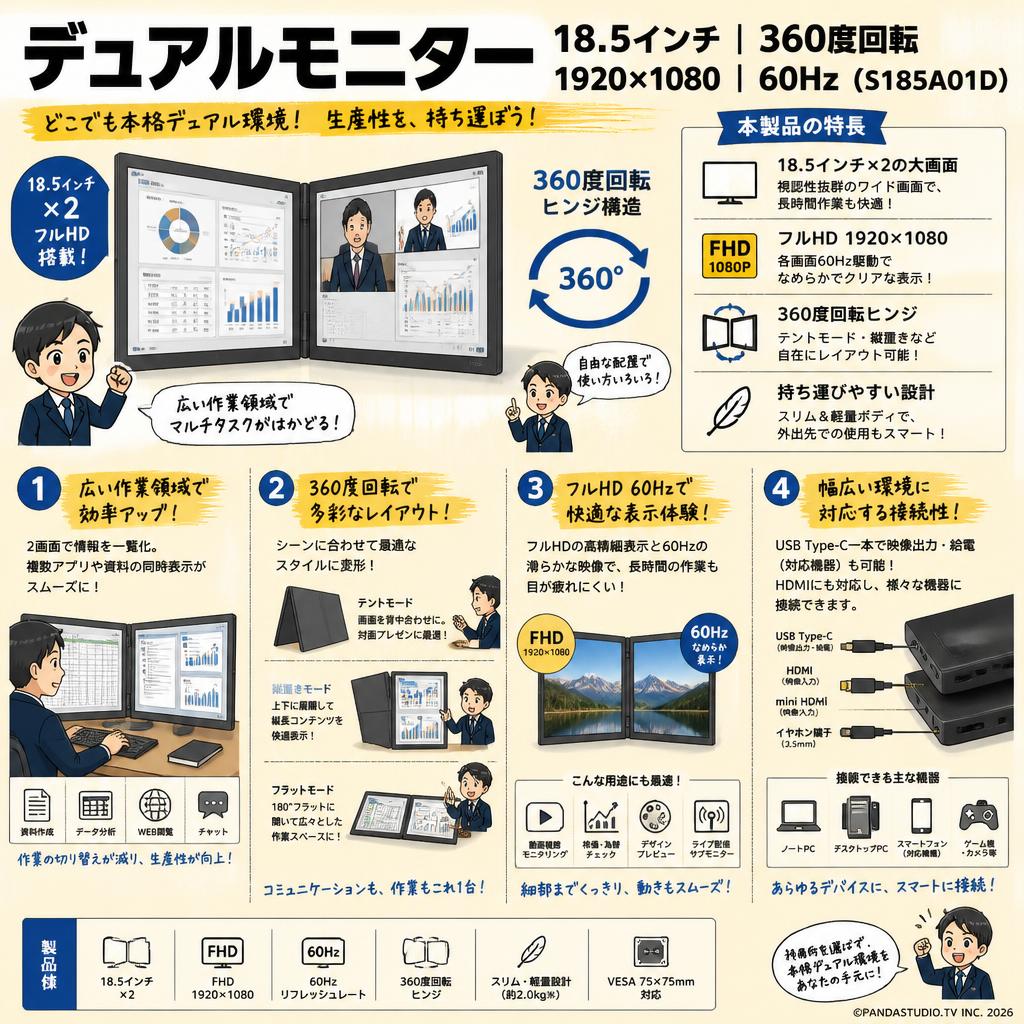 デュアルモニター 18.5インチ 360度回転 1920*1080 60Hz ( S185A01D ) 概要