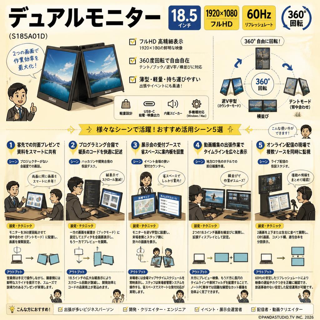 デュアルモニター 18.5インチ 360度回転 1920*1080 60Hz ( S185A01D ) 用途