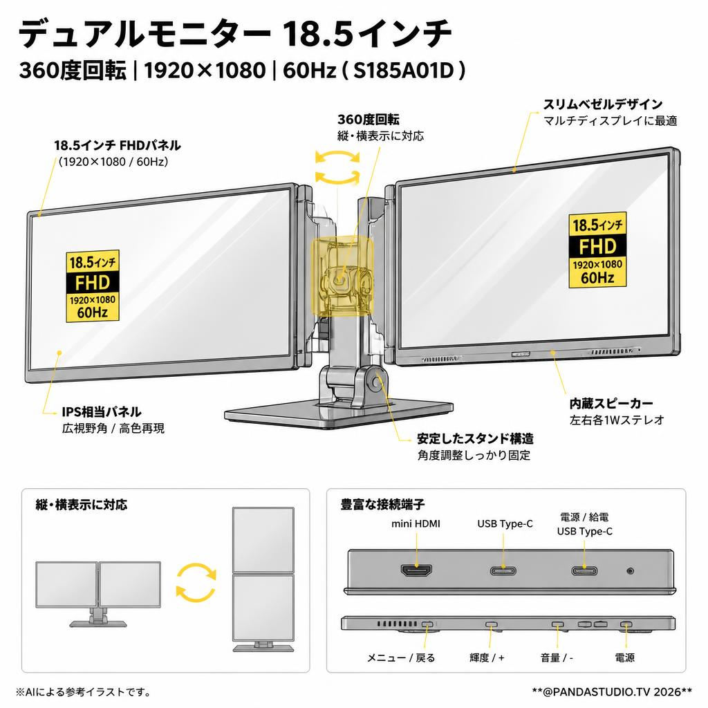 デュアルモニター 18.5インチ 360度回転 1920*1080 60Hz ( S185A01D ) スペック