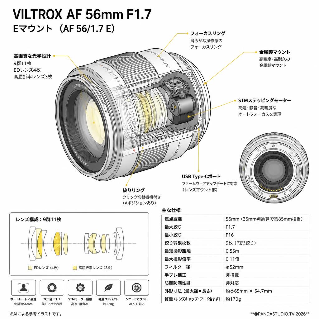 VILTROX AF 56mm F1.7  Eマウント ( AF 56/1.7 E ) スペック