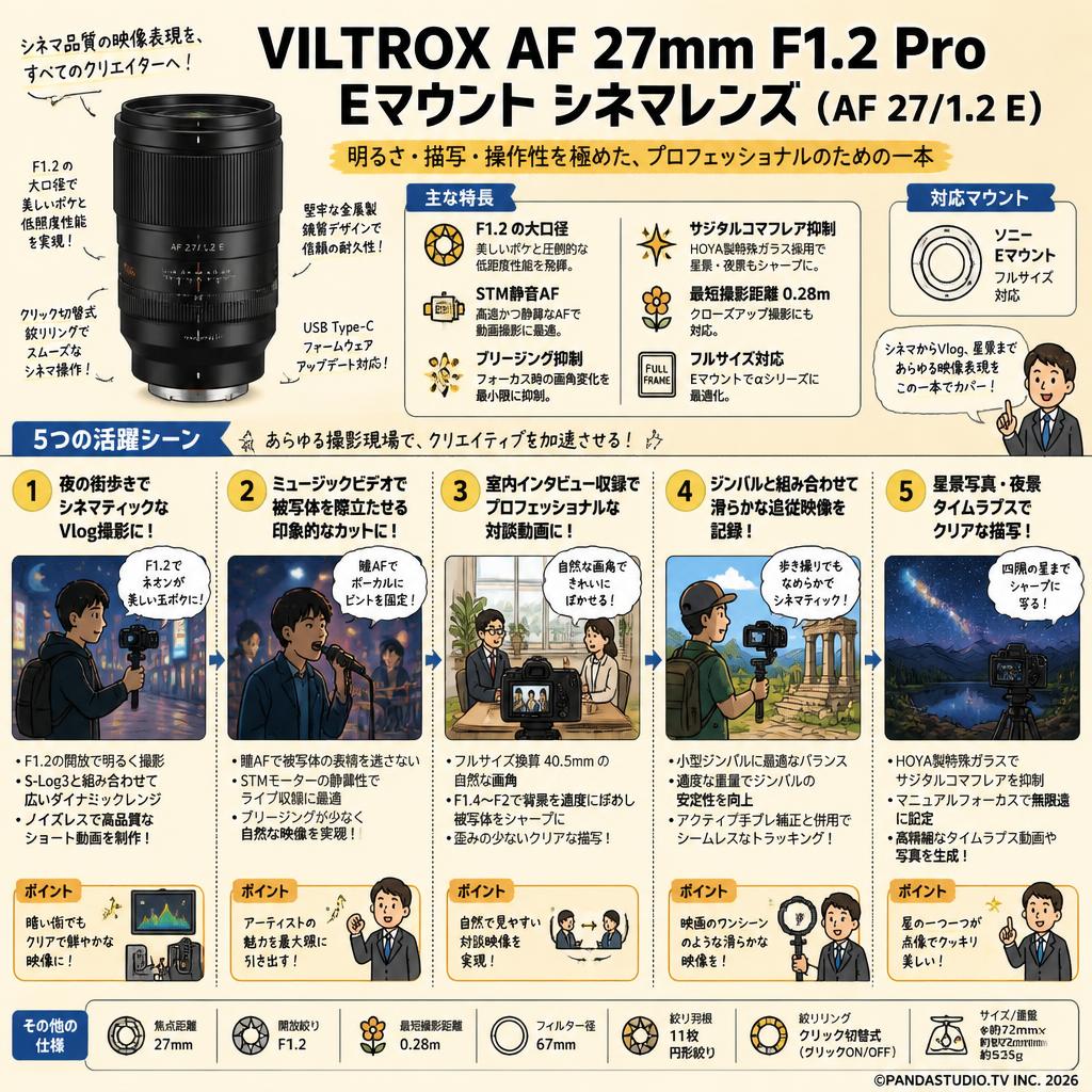 VILTROX AF 27mm F1.2 Pro Eマウント シネマレンズ( AF 27/1.2 E ) 用途