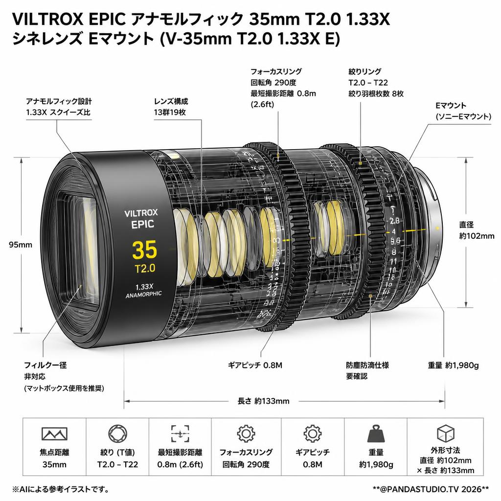 Viltrox EPIC アナモルフィック 35mm T2.0 1.33X シネレンズ  Eマウント ( V-35mm T2.0 1.33X E ) スペック
