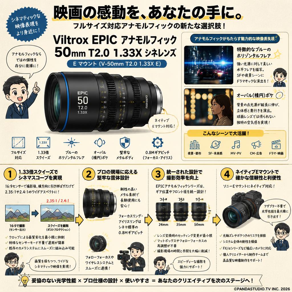 Viltrox EPIC アナモルフィック 50mm T2.0 1.33X シネレンズ E マウント (V-50mm T2.0 1.33X E ) 概要