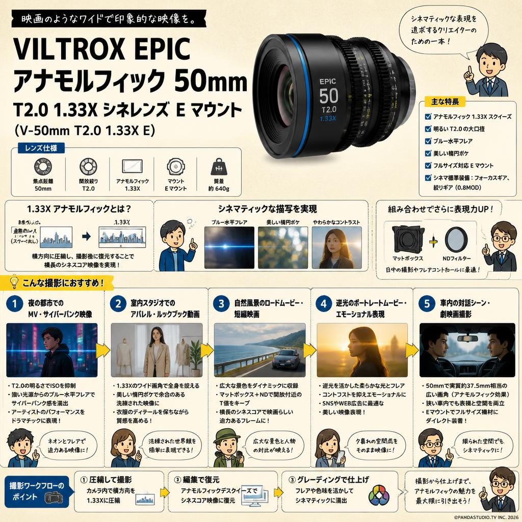Viltrox EPIC アナモルフィック 50mm T2.0 1.33X シネレンズ E マウント (V-50mm T2.0 1.33X E ) 用途