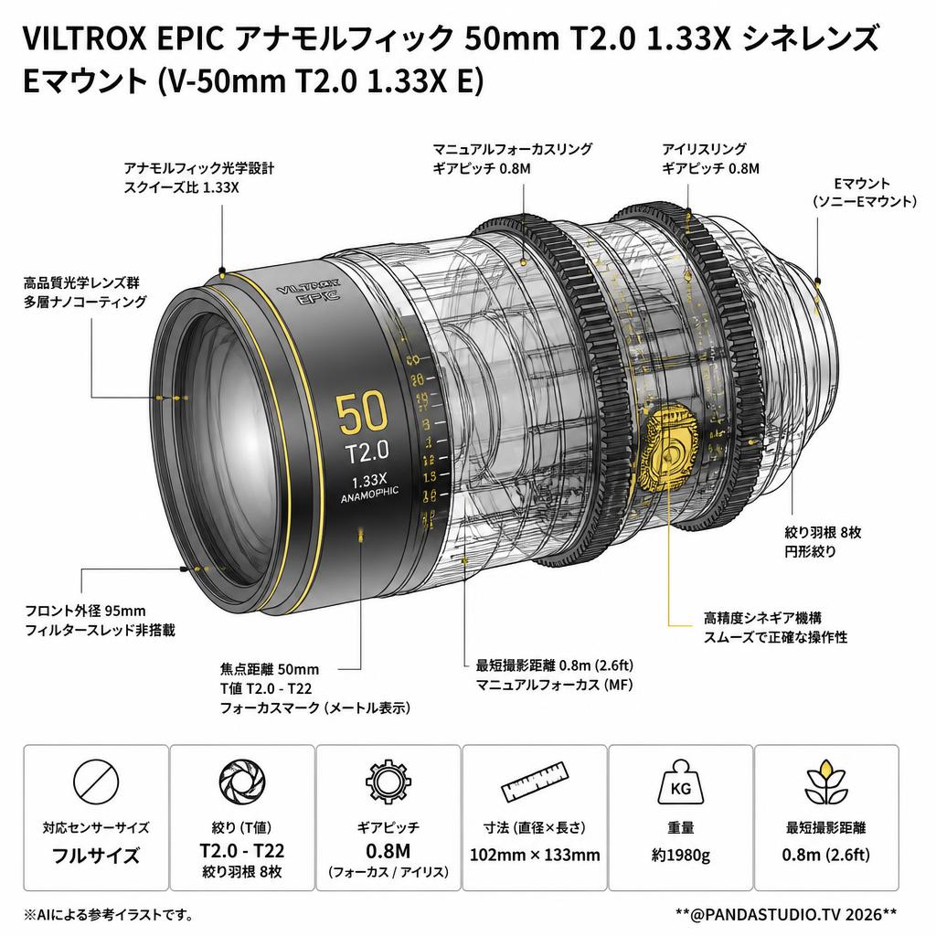 Viltrox EPIC アナモルフィック 50mm T2.0 1.33X シネレンズ E マウント (V-50mm T2.0 1.33X E ) スペック