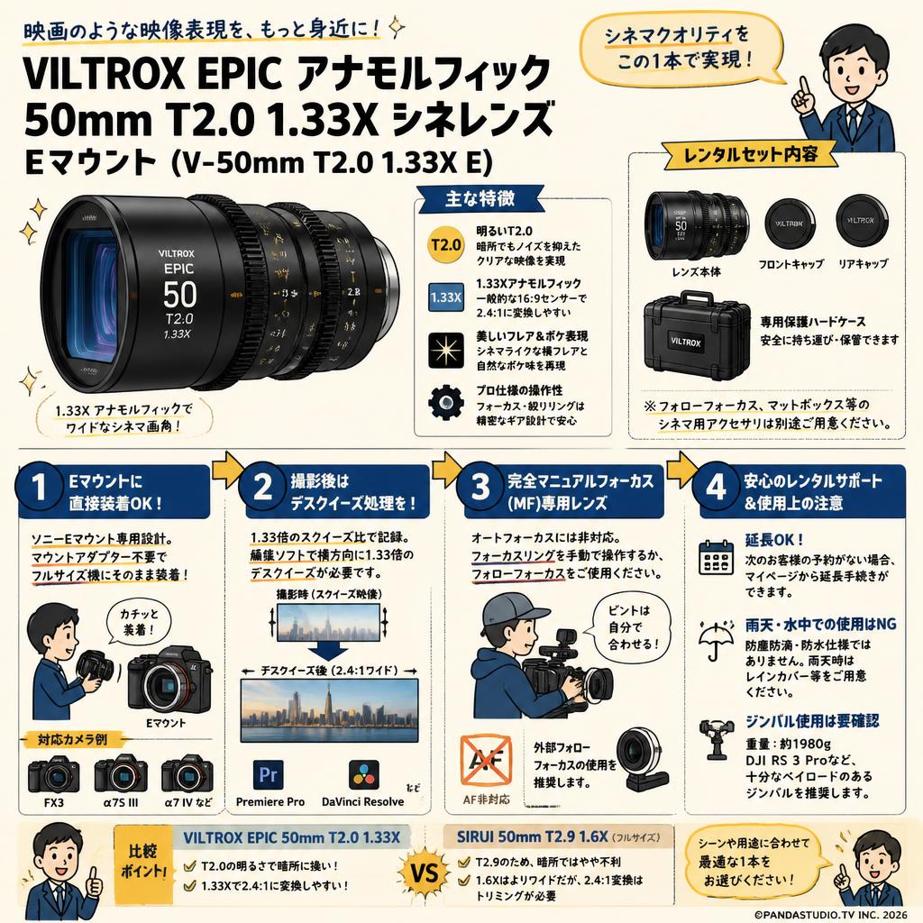 Viltrox EPIC アナモルフィック 50mm T2.0 1.33X シネレンズ E マウント (V-50mm T2.0 1.33X E ) FAQ（よくある質問と答え）
