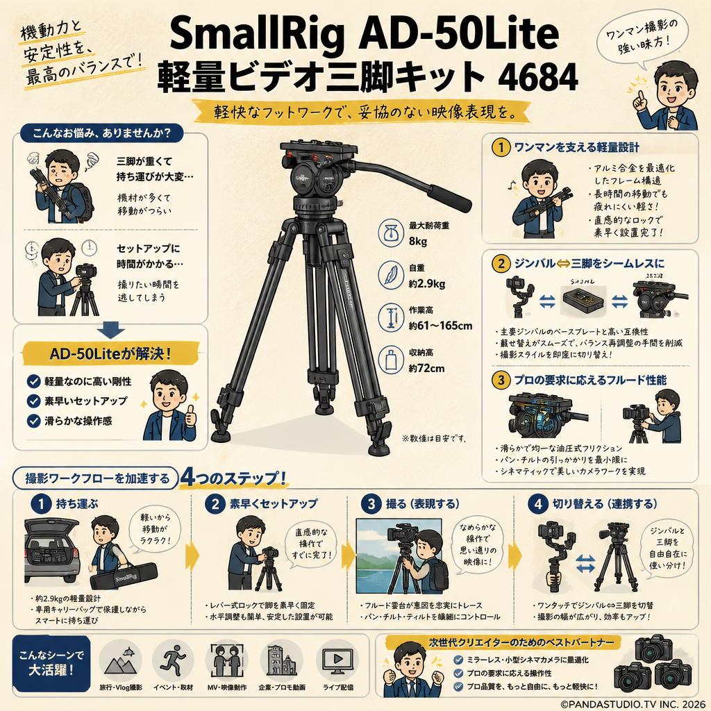SmallRig AD-50Lite 軽量ビデオ三脚キット 4684 概要