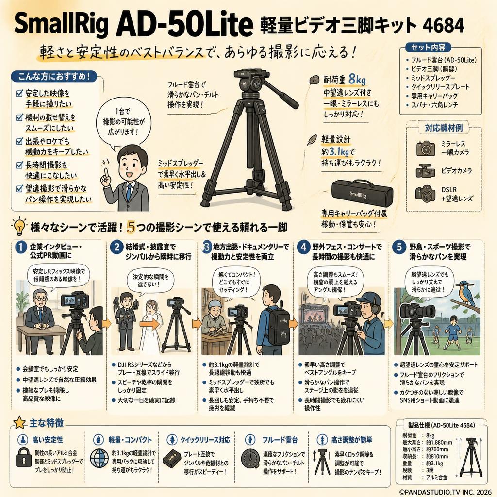 SmallRig AD-50Lite 軽量ビデオ三脚キット 4684 用途