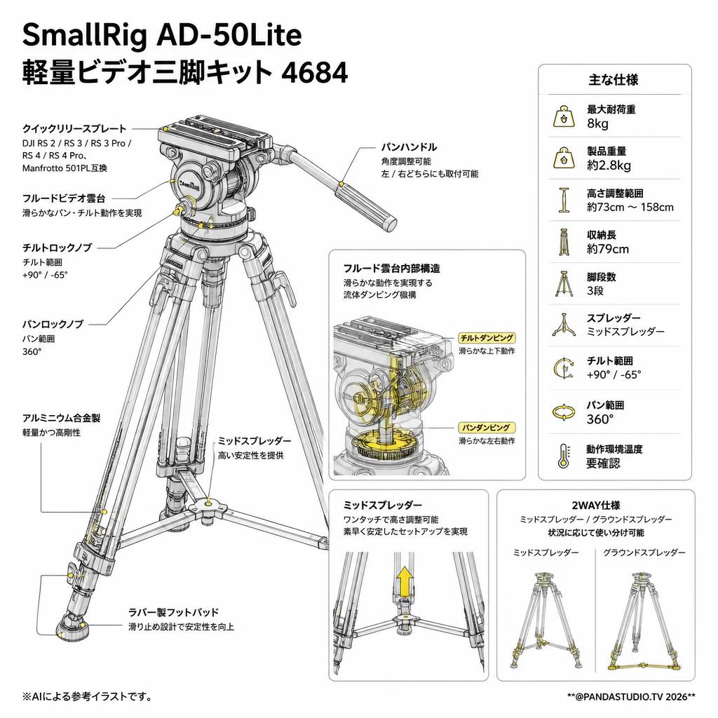 SmallRig AD-50Lite 軽量ビデオ三脚キット 4684 スペック