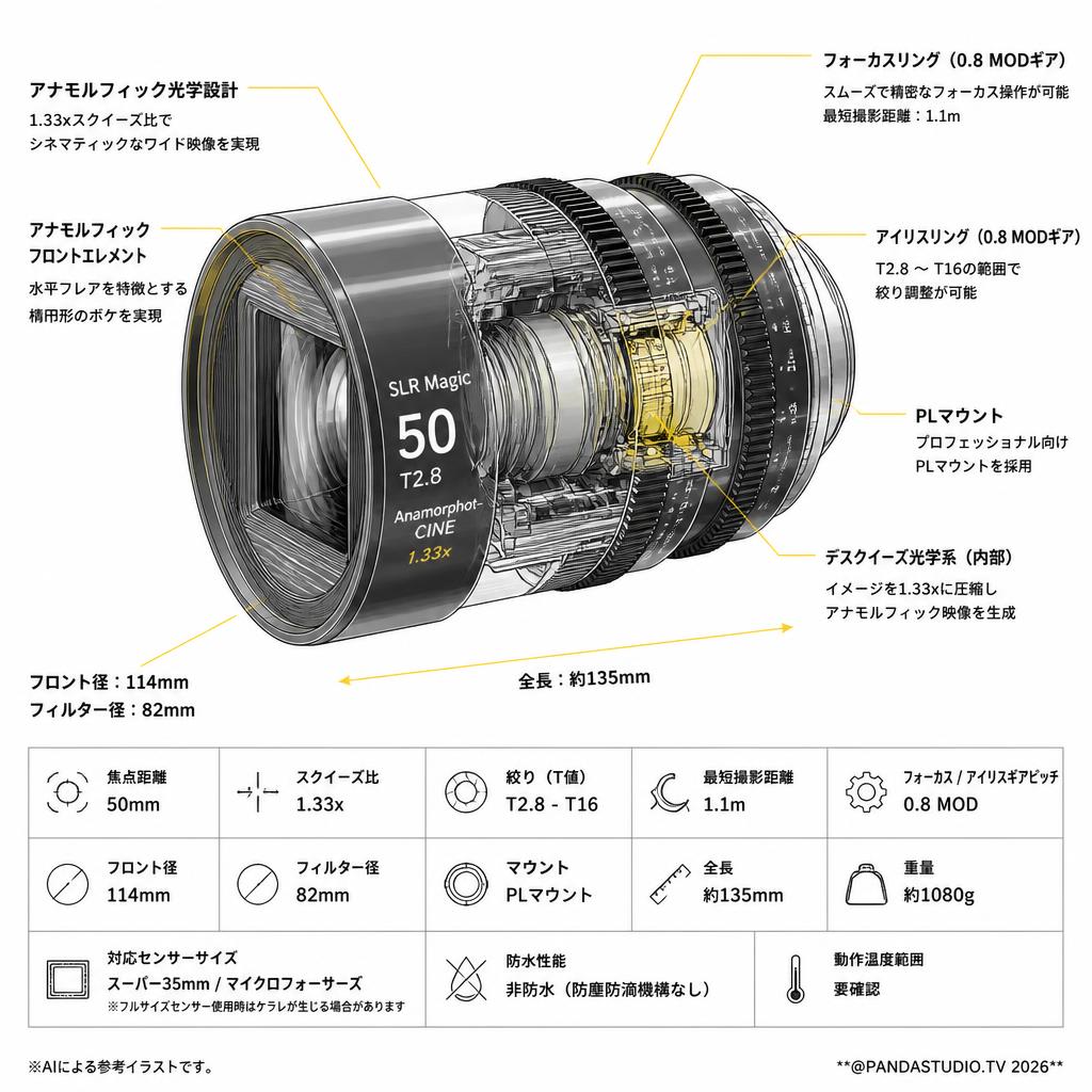SLR Magic 1.33x Anamorphot-CINE 50mm T2.8  アナモリフィックレンズ PLマウント スペック