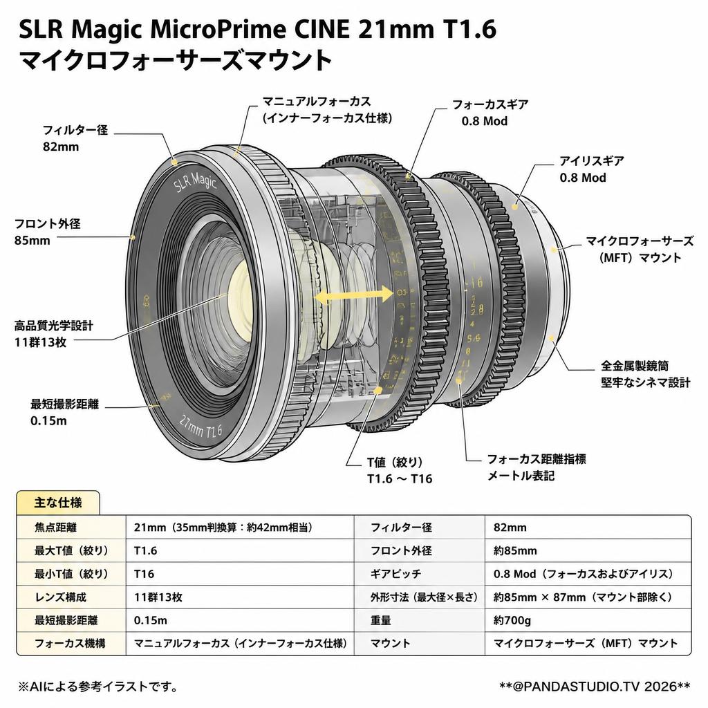 SLR Magic MicroPrime CINE 21mm T1.6 マイクロフォーサーズマウント スペック
