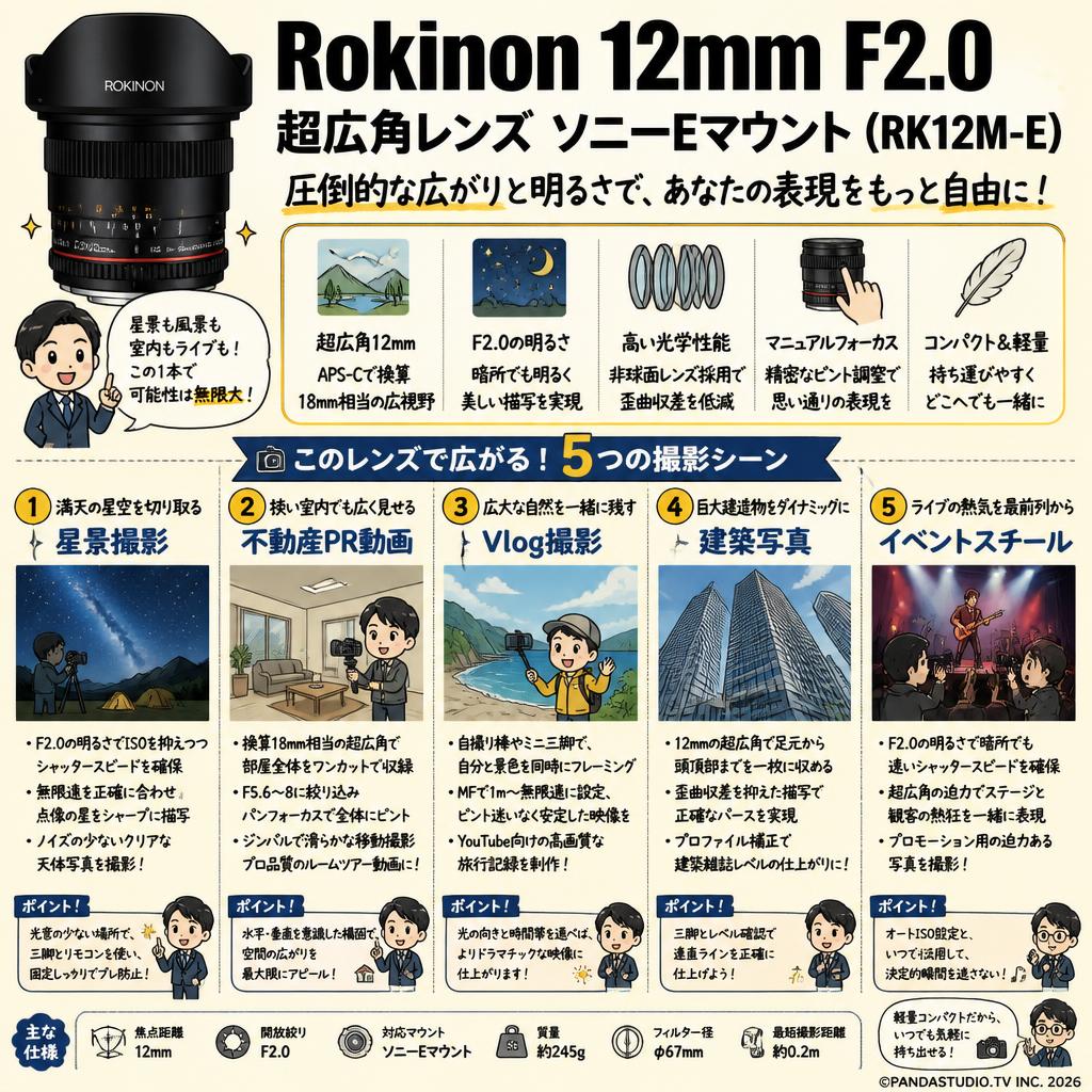 Rokinon 12mm F2.0  Ultra Wide Angle レンズ  ソニーEマウント (RK12M-E) 用途