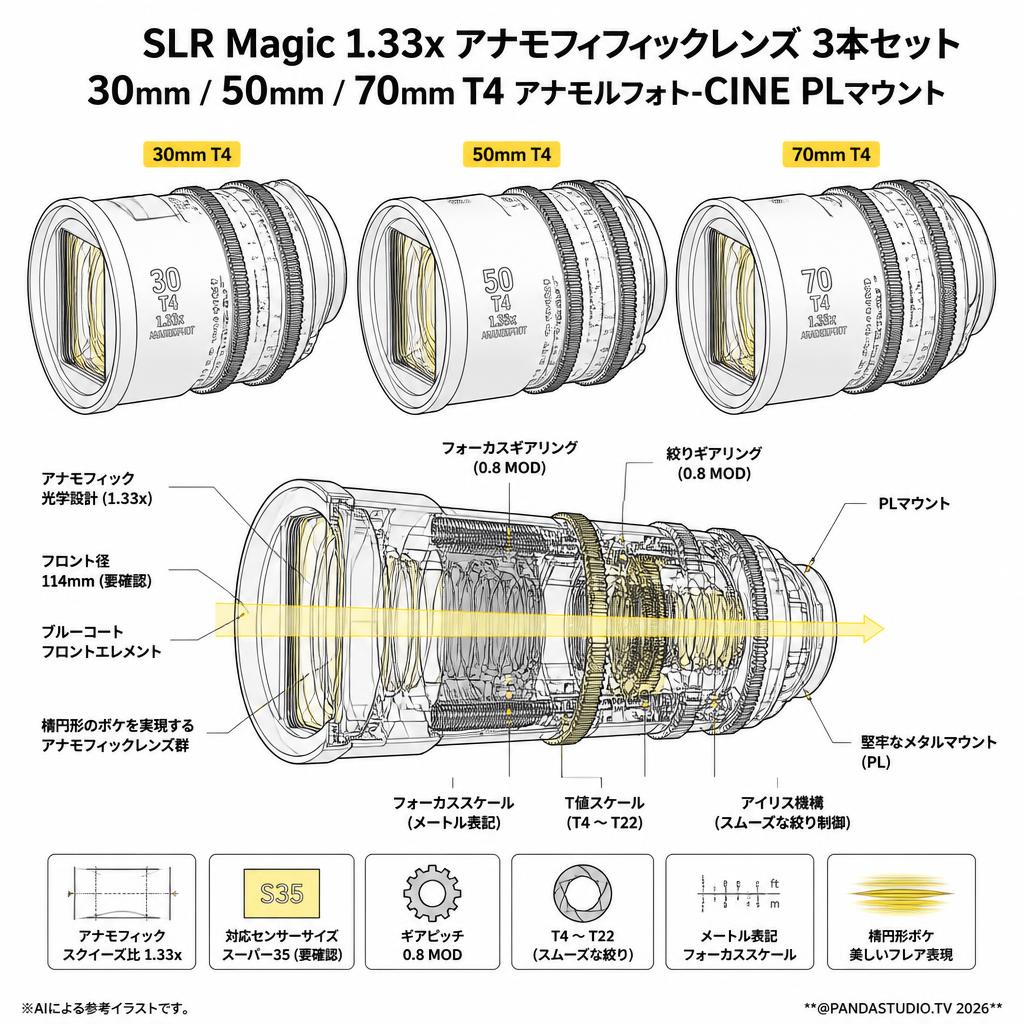 SLR Magic 1.33x アナモフィフィックレンズ 3本セット 30mm / 50mm / 70mm T4 アAnamorphot-CINE PLマウント スペック
