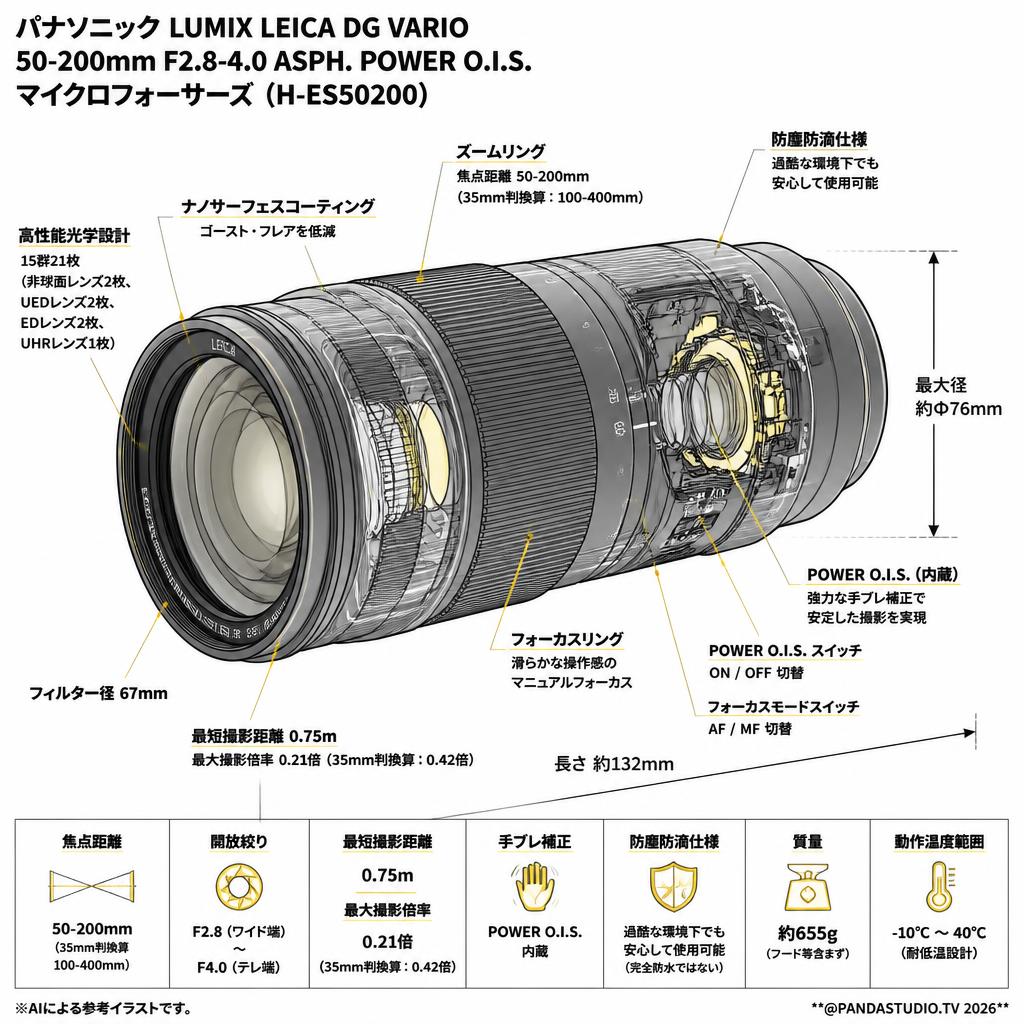 Panasonic LUMIX LEICA DG VARIO 50-200mm F2.8-4.0 ASPH POWER O.I.S. マイクロフォーサーズ ( H-ES50200 ) スペック