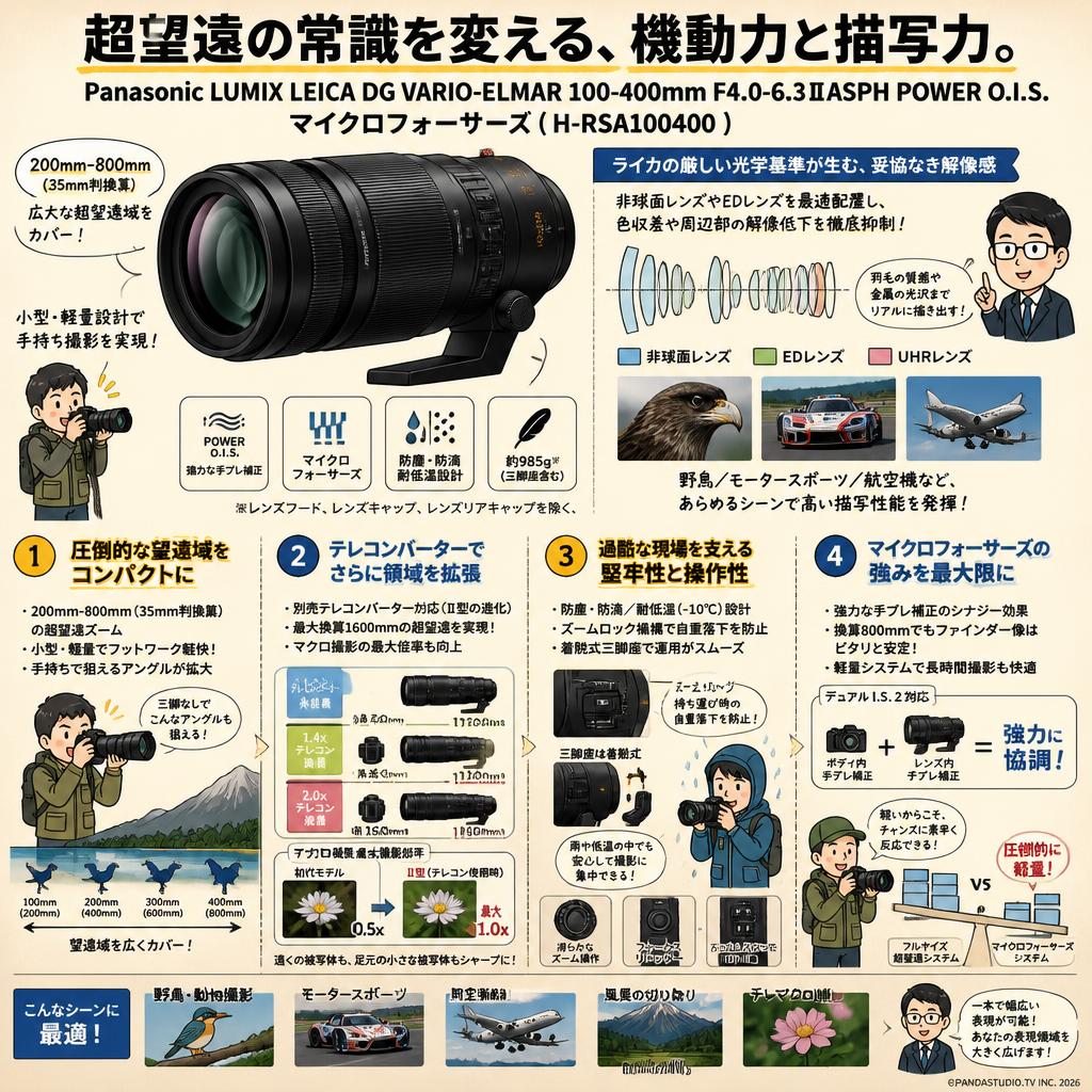 Panasonic LUMIX LEICA DG VARIO-ELMAR 100-400mm F4.0-6.3ⅡASPH POWER O.I.S. マイクロフォーサーズ ( H-RSA100400 ) 概要