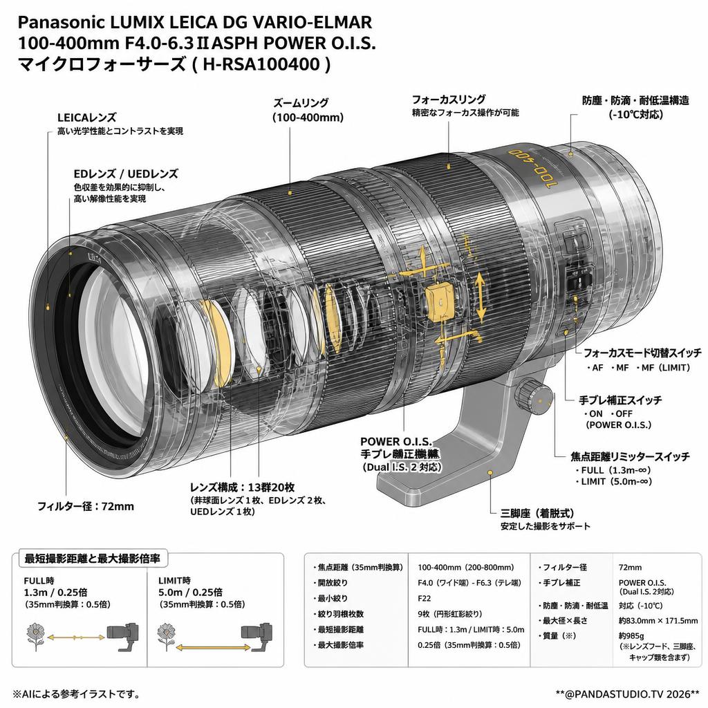 Panasonic LUMIX LEICA DG VARIO-ELMAR 100-400mm F4.0-6.3ⅡASPH POWER O.I.S. マイクロフォーサーズ ( H-RSA100400 ) スペック