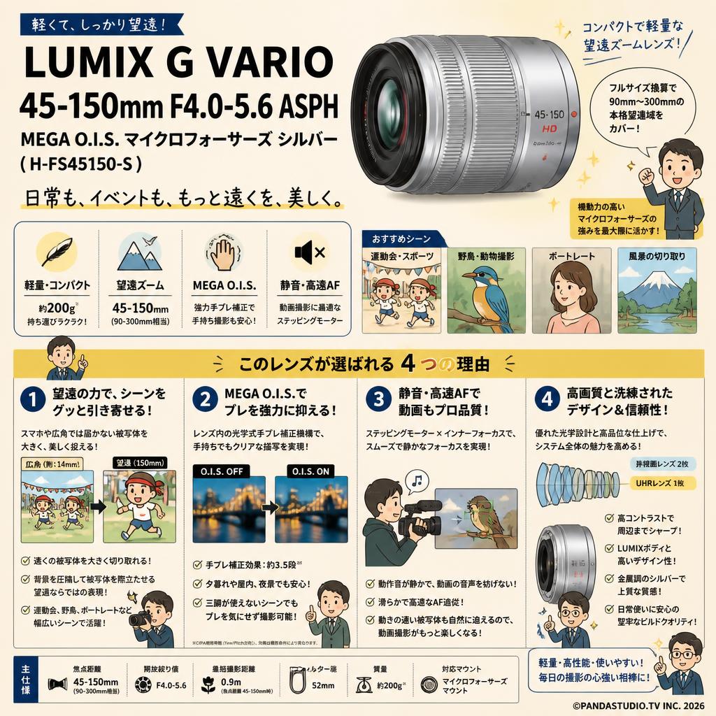 Panasonic LUMIX G VARIO 45-150mm F4.0-5.6 ASPH MEGA O.I.S. マイクロフォーサーズ シルバー  ( H-FS45150-S ) 概要