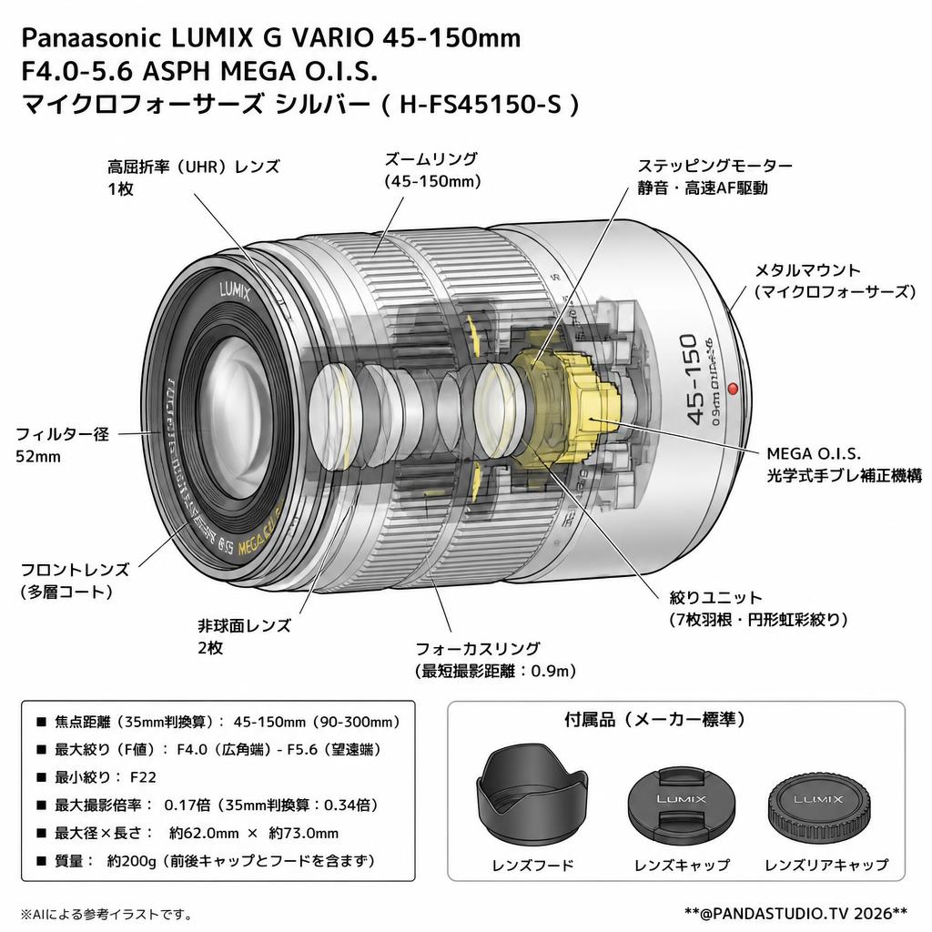 Panasonic LUMIX G VARIO 45-150mm F4.0-5.6 ASPH MEGA O.I.S. マイクロフォーサーズ シルバー  ( H-FS45150-S ) スペック