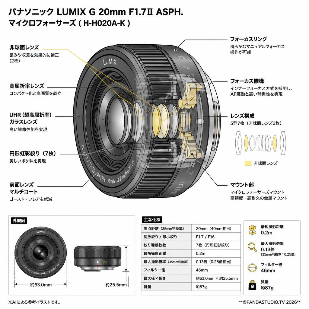 Panasonic LUMIX G 20mm F1.7ⅡASPH マイクロフォーサーズ   ( H-H020A-K ) スペック