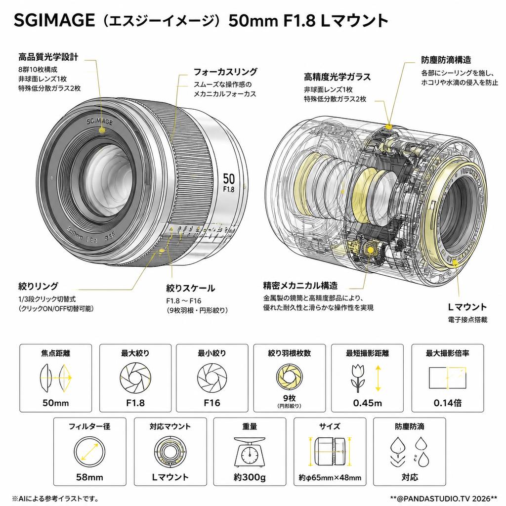 SGIMAGE（エスジーイメージ） 50mm F1.8 Lマウント スペック
