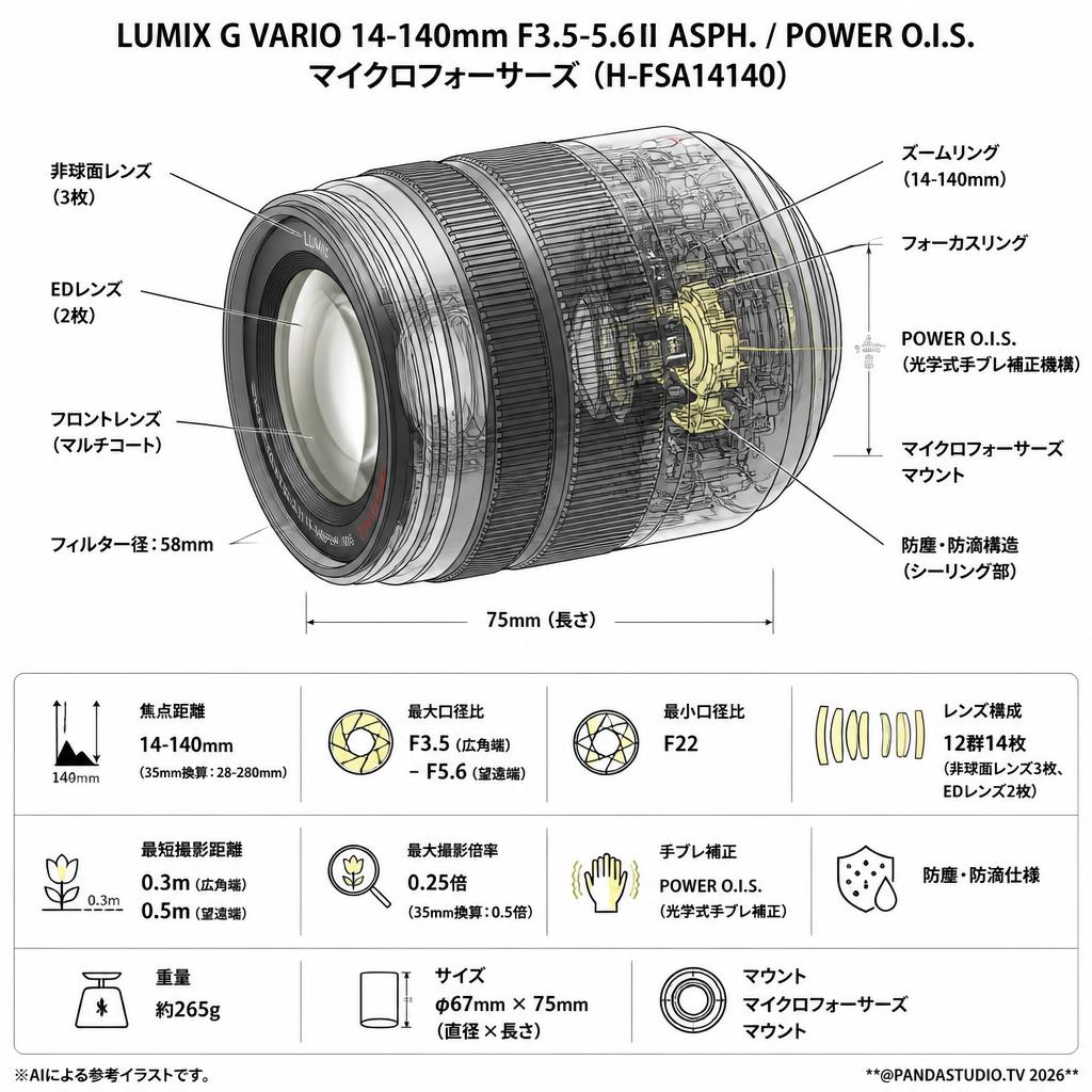 Panasonic LUMIX G VARIO14-140mm F3.5-5.6ⅡASPH. / POWER O.I.S. マイクロフォーサーズ   (  H-FSA14140 ) スペック