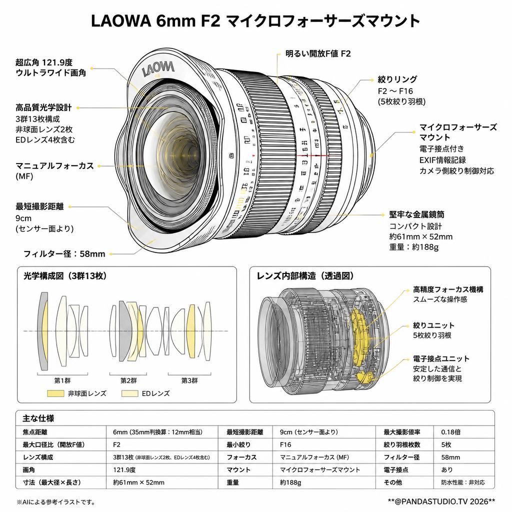 LAOWA 6mm F2 マイクロフォーサーズマウント スペック