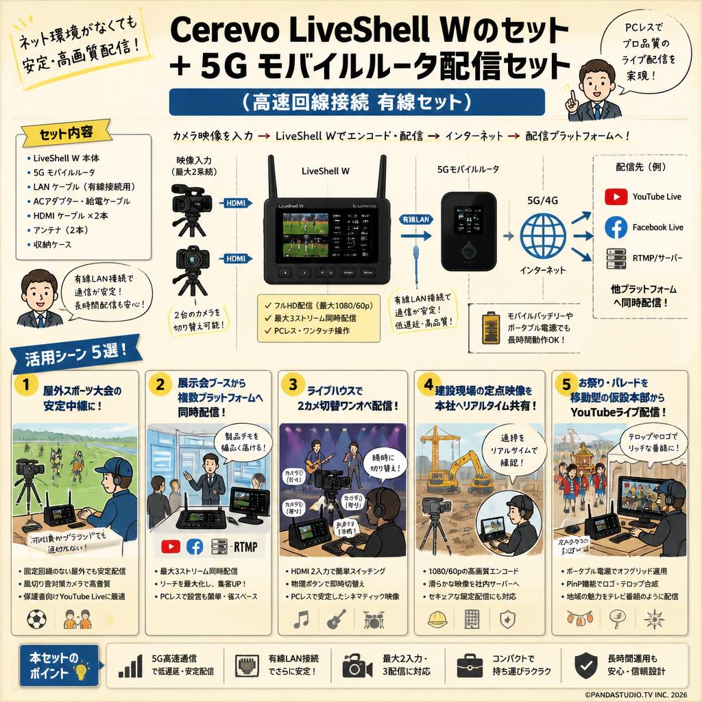Cerevo LiveShell Wのセット ＋ 5G モバイルルータ配信セット（高速回線接続有線セット） 用途