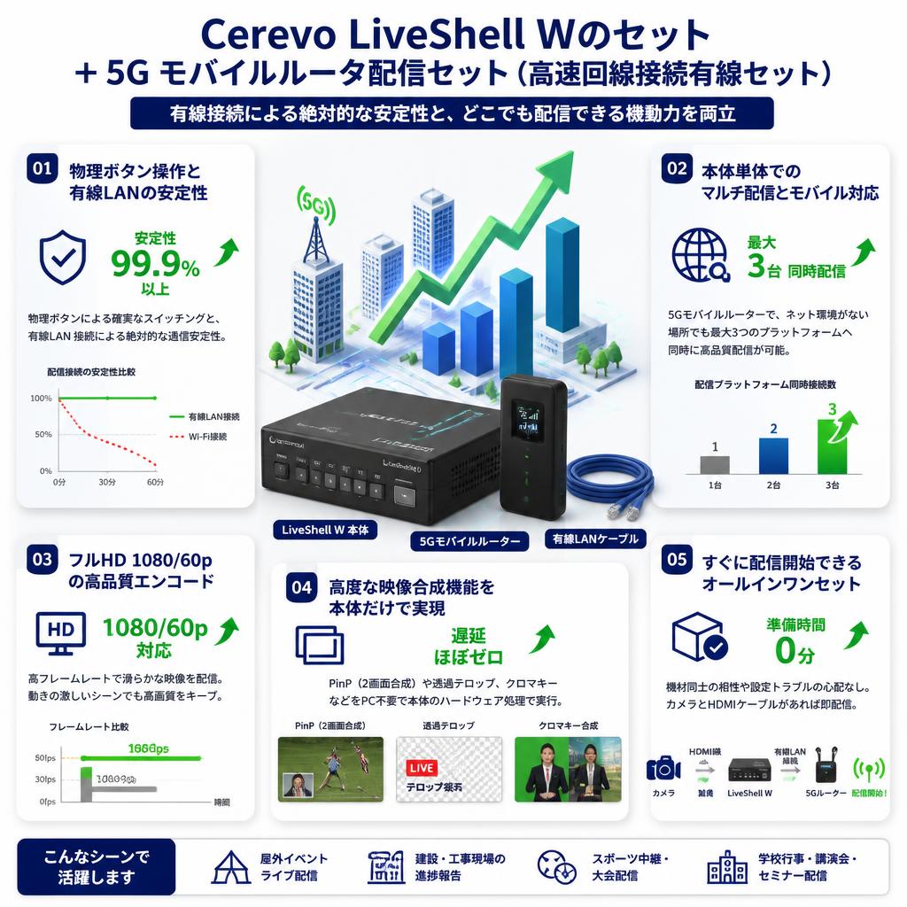 Cerevo LiveShell Wのセット ＋ 5G モバイルルータ配信セット（高速回線接続有線セット） セールスポイント