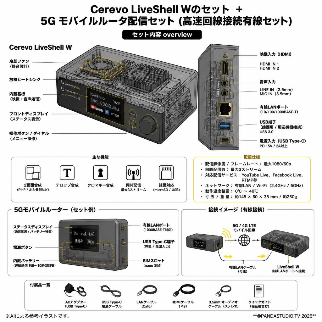 Cerevo LiveShell Wのセット ＋ 5G モバイルルータ配信セット（高速回線接続有線セット） スペック