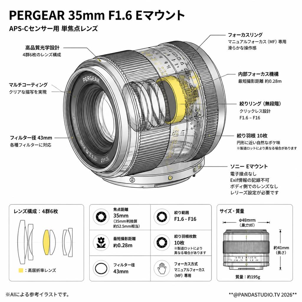 PERGEAR 35mm F1.6 Eマウント スペック