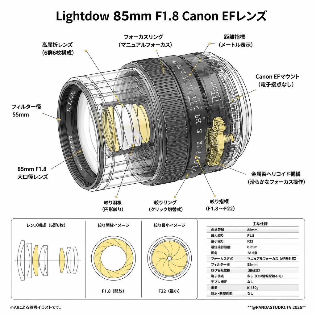 Lightdow  85mm F1.8 Canon EFレンズ スペック