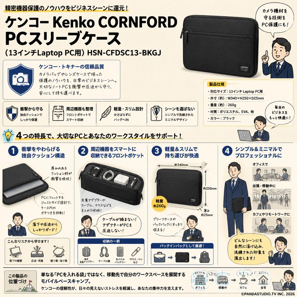 ケンコー Kenko CORNFORD PCスリーブケース （13インチLaptop PC用)　HSN-CFDSC13-BKGJ 概要