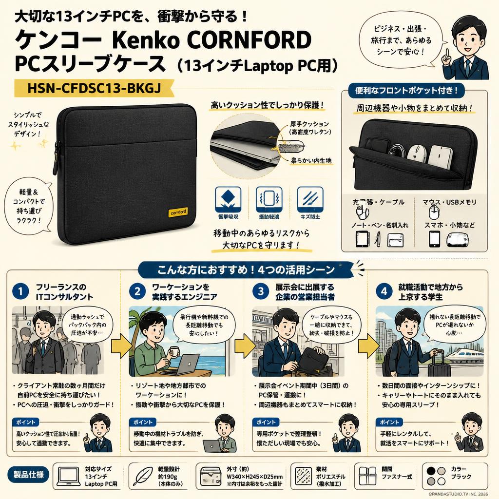 ケンコー Kenko CORNFORD PCスリーブケース （13インチLaptop PC用)　HSN-CFDSC13-BKGJ おもな対象のお客様