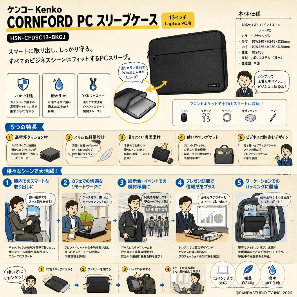 ケンコー Kenko CORNFORD PCスリーブケース （13インチLaptop PC用)　HSN-CFDSC13-BKGJ 用途