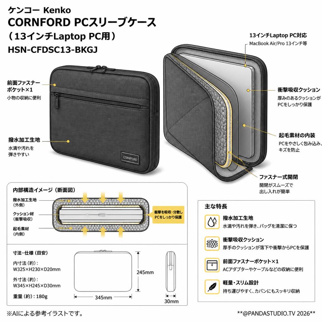 ケンコー Kenko CORNFORD PCスリーブケース （13インチLaptop PC用)　HSN-CFDSC13-BKGJ スペック
