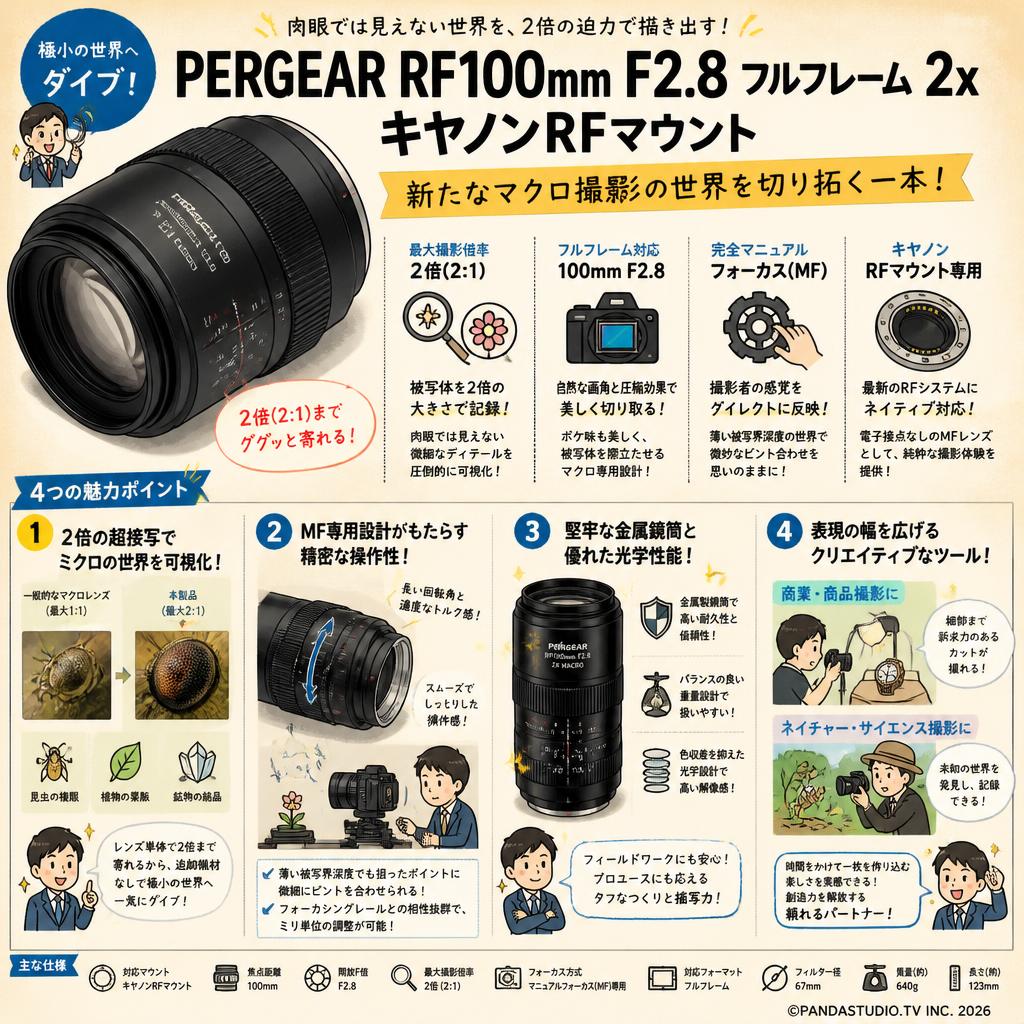 PERGEAR RF100mm F2.8 フルフレーム 2x キヤノン RFマウント 概要