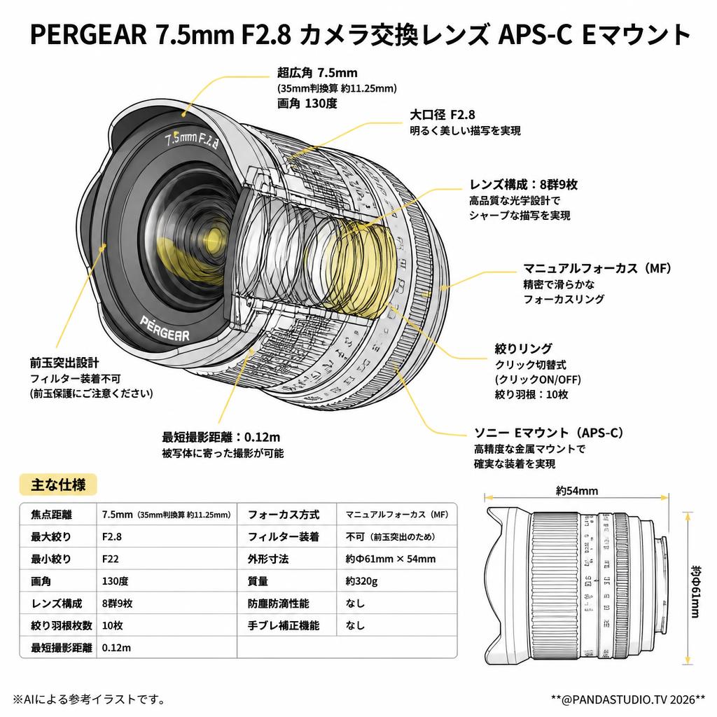 PERGEAR 7.5mm F2.8 カメラ交換レンズ APS-C Eマウント スペック