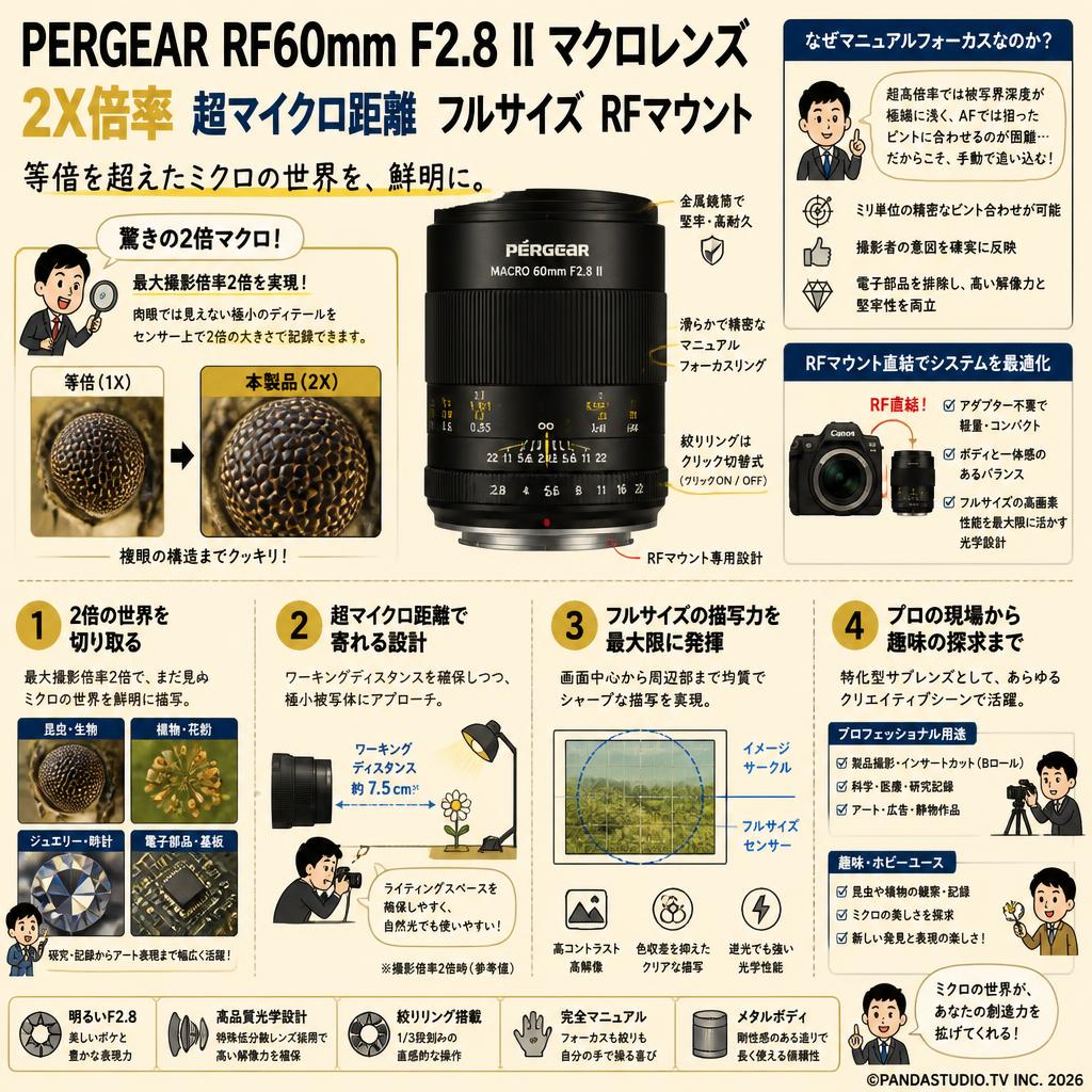 PERGEAR RF60mm F2.8 II マクロレンズ 2X倍率 超マイクロ距離 フルサイズ   RFマウント 概要