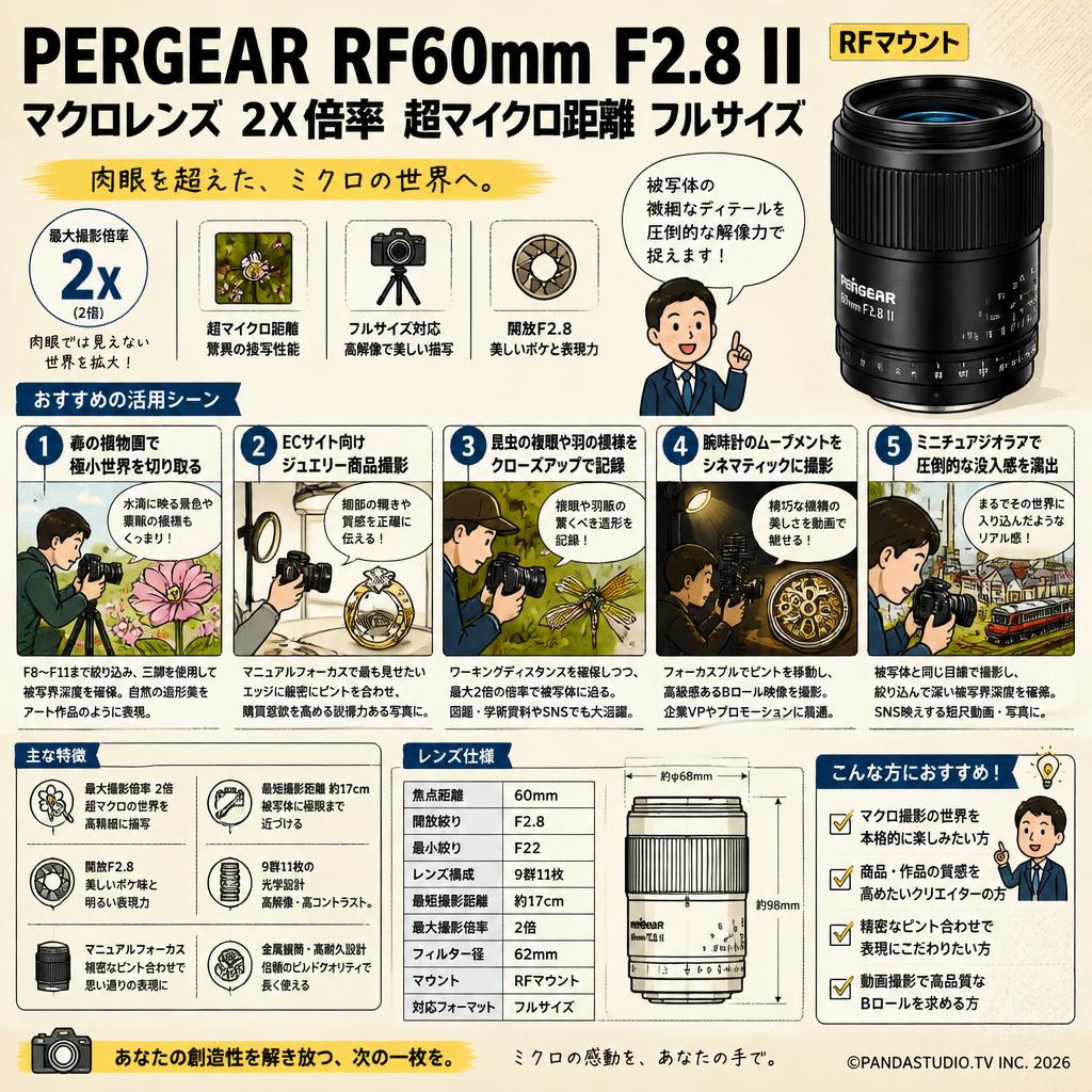PERGEAR RF60mm F2.8 II マクロレンズ 2X倍率 超マイクロ距離 フルサイズ   RFマウント 用途