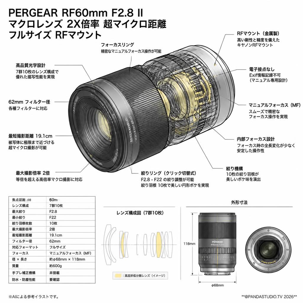 PERGEAR RF60mm F2.8 II マクロレンズ 2X倍率 超マイクロ距離 フルサイズ   RFマウント スペック